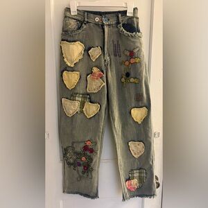 Blue Velvet Heart Patchwork Denim Pants Size Small NWT